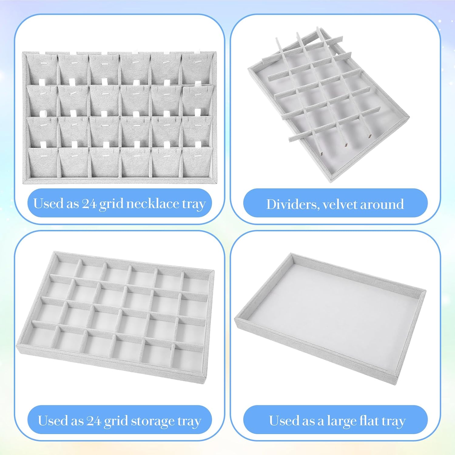 2PC Gray Ice Velvet Stackable Jewelry Display Tray Organizer with Removable Dividers, Multi-Compartment Storage Box for Earrings Necklaces Bracelets Rings Showcase - 13.8x9.5x1.2inch