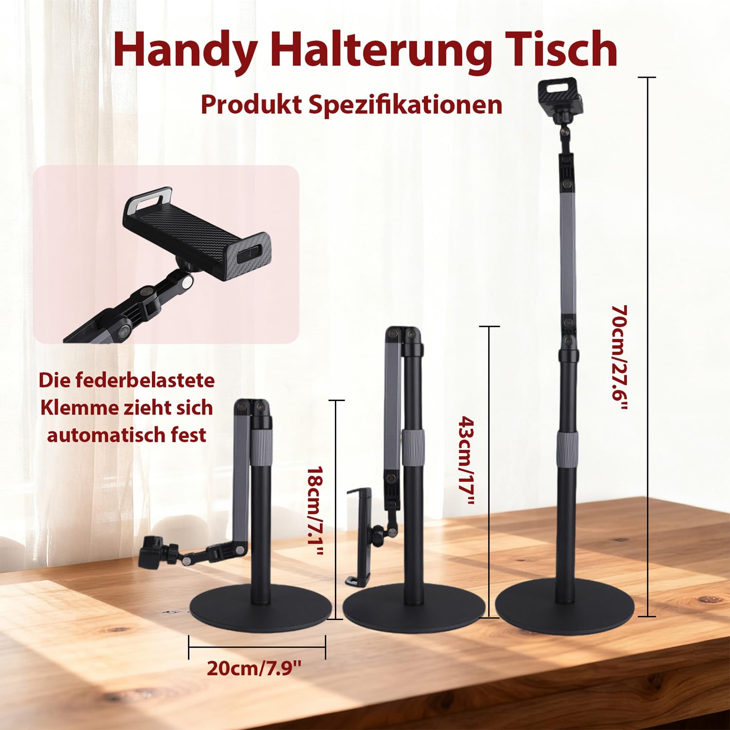 Handyhalterung Tisch,360° Schwenkbarer Handy Ständer Schreibtisch,Höhenverstellbar Handyhalter,Handy Halterung Tisch mit Stabilem Sockel,Phone Ständer für die Fotografie,Meetings (Schwarz)