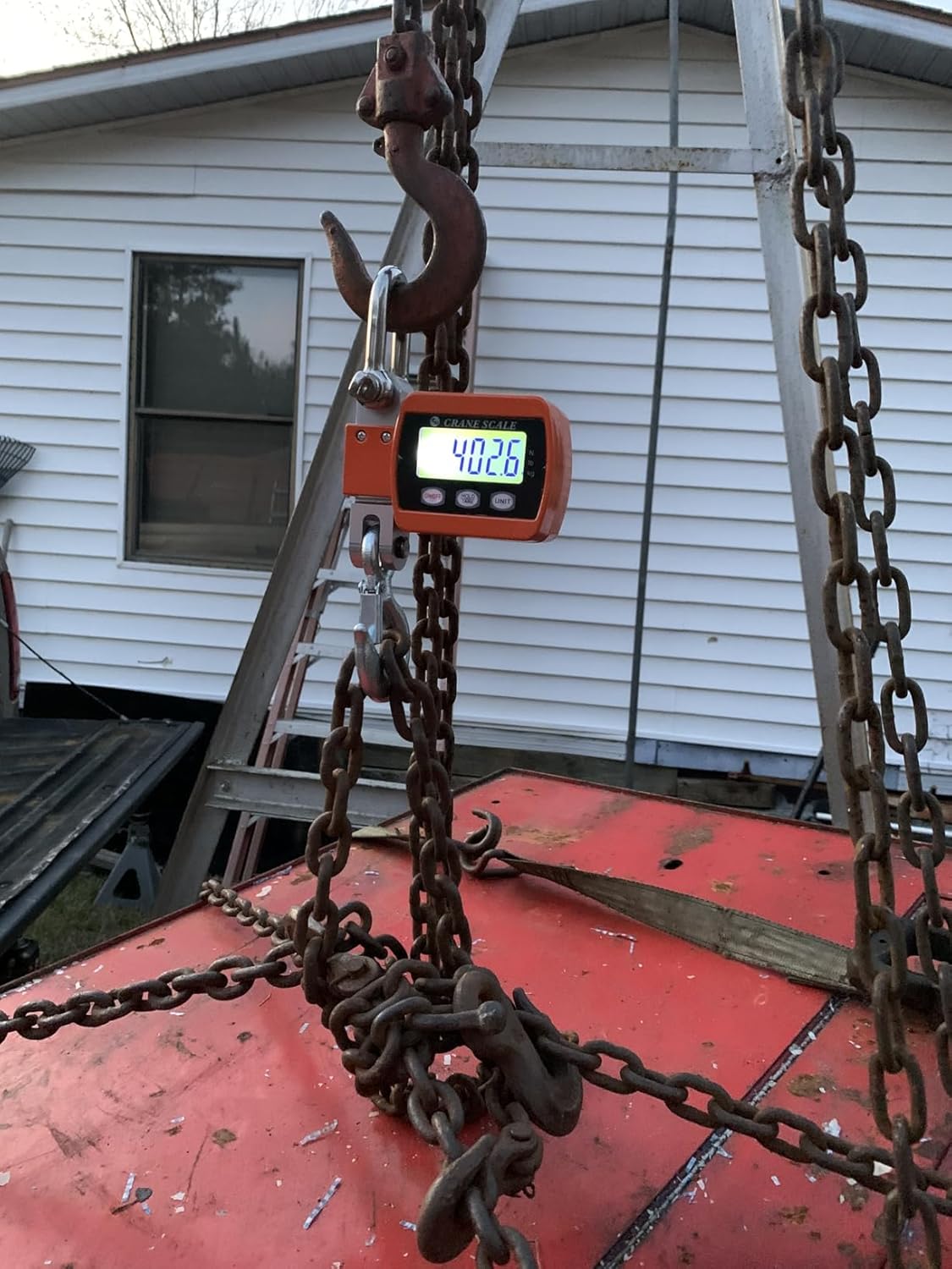 1100LBS Digital Hanging Scale, 500KG Heavy-Duty Compact Crane Scale Portable for Deer Fishing Hunting Farm Livestock Industrial, Cast Aluminum Case, Alloy Steel Shackle Hook, Backlit LCD