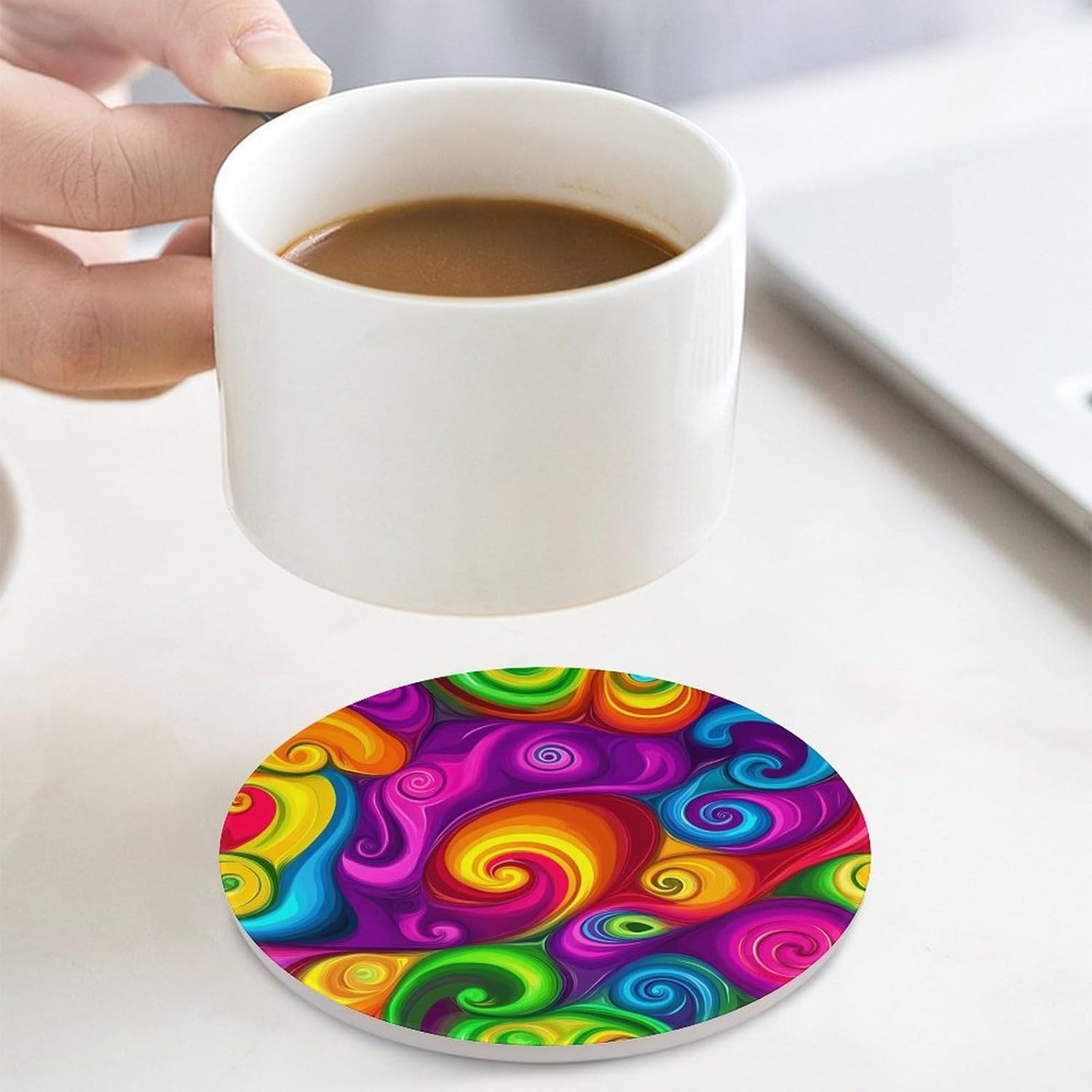 PsychedelicSwirls Colorful Round Ceramic Coasters Print Drinks Absorbent with Cork Base for Home Decor Gifts 4 Inch