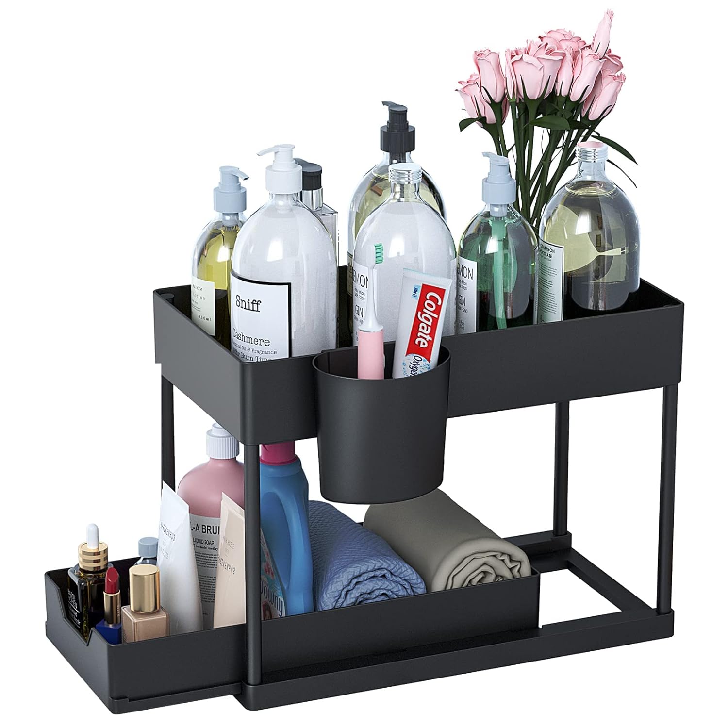 Youixu 2 Tier Under Sink Shelf, Sink Organiser, Kitchen Organiser with 4 Hooks and 1 Cup Spice Rack, Base Cabinet, Sliding Drawer, Kitchen Shelf, Cupboard Organiser, Worktop