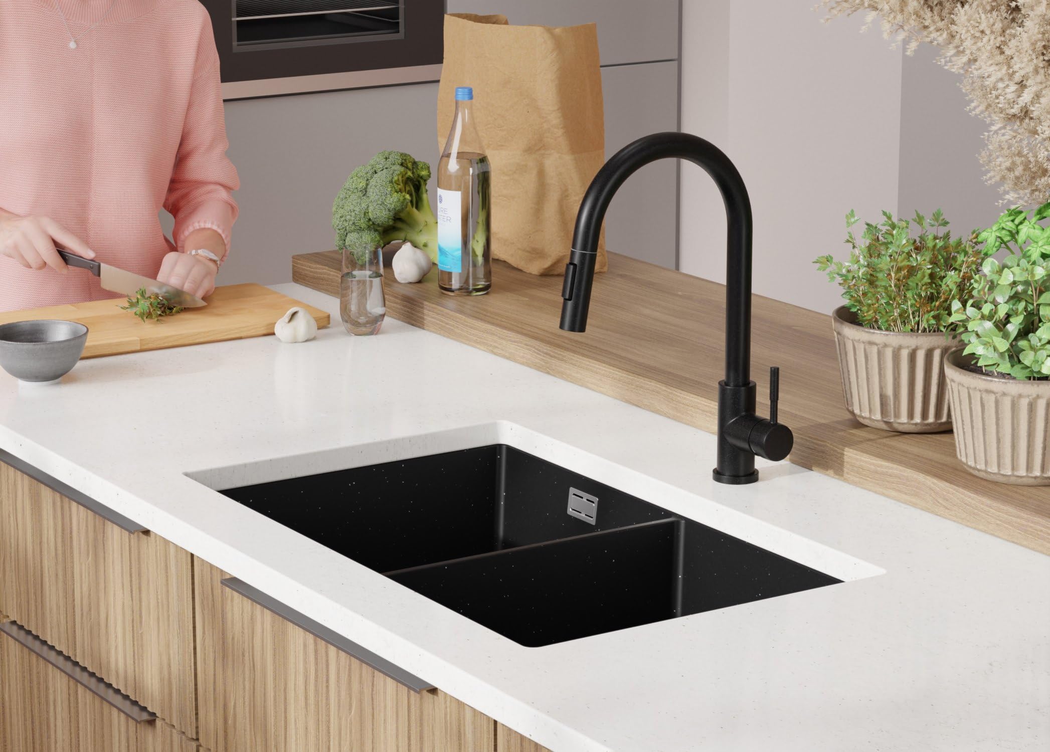 PRIMAGRAN Fregadero bajo Encimera Negro Metallic - London Twin, 76x47cm | Cocina 2 Senos + Sifón, Granito al Mueble 80cm (S004)