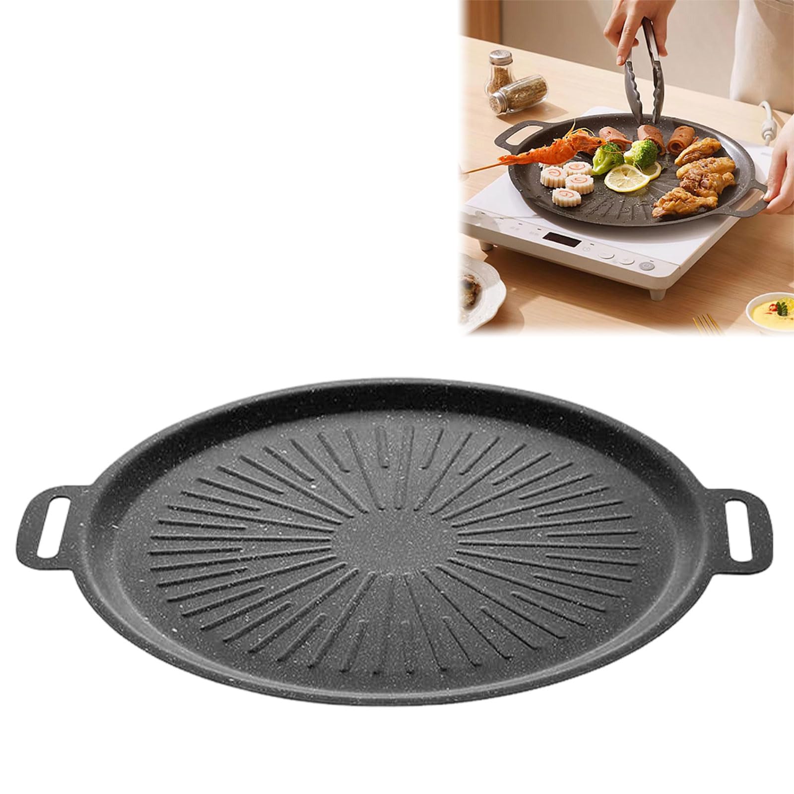 Placa de fuego de hierro fundido, diámetro de 35 cm, parrilla ideal para la parrilla y el horno, placa para barbacoa al aire libre con asa, sartén de hierro fundido, alfombrilla para barbacoa de gas y