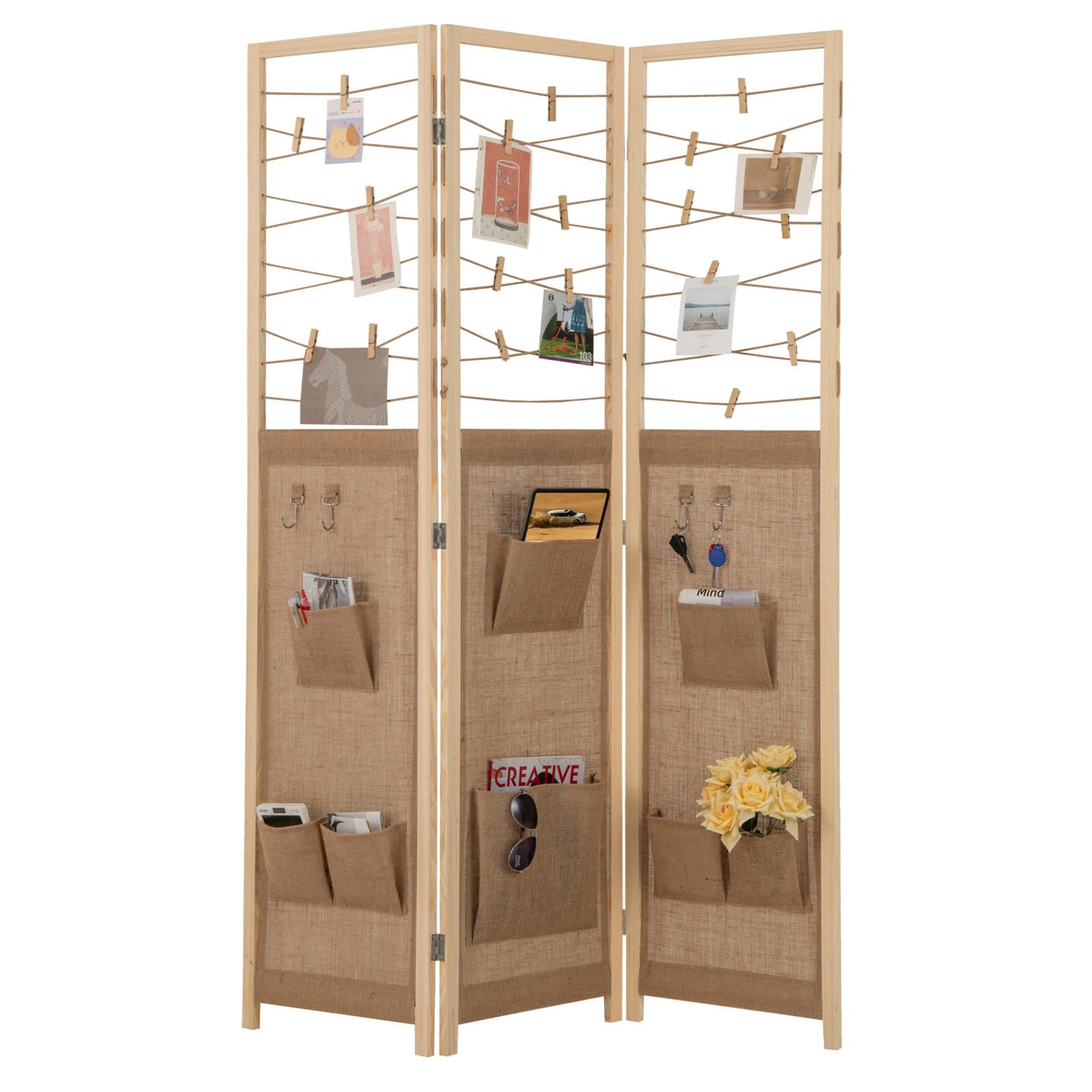 GIANTEX Paravento pieghevole a 3 pannelli. Separatore di privacy in legno con 8 tasche, 4 ganci e spago per appendere con 20 clip in bambù, 120 x 170 x 2 cm