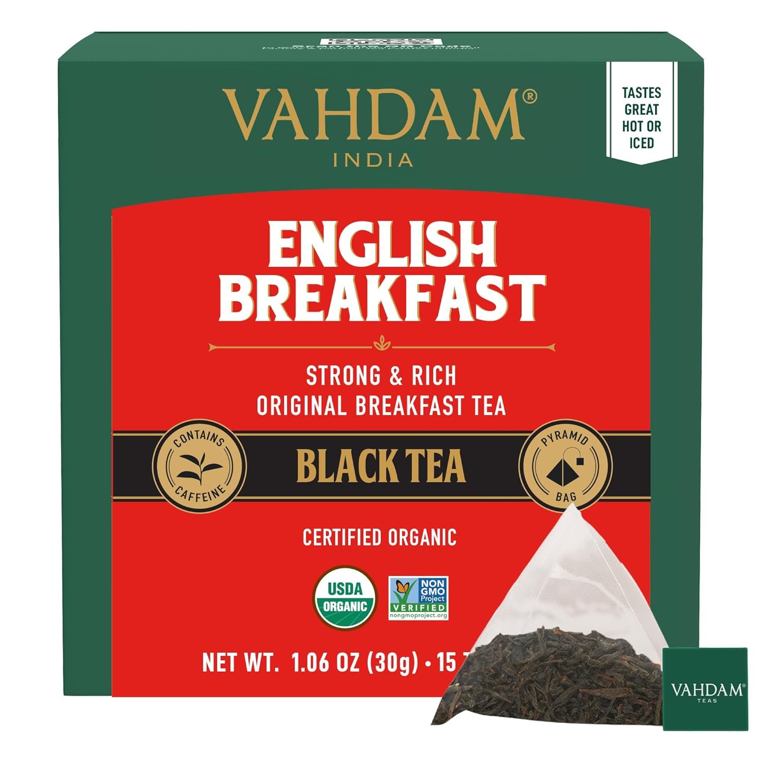 VAHDAM Organic English Breakfast Black Tea Bags (15 Count) High Caffeine - Coffee Replacement, Gluten Free | Individually Wrapped Pyramid Tea Bags | Strong, Robust & Flavoury | Direct from Source