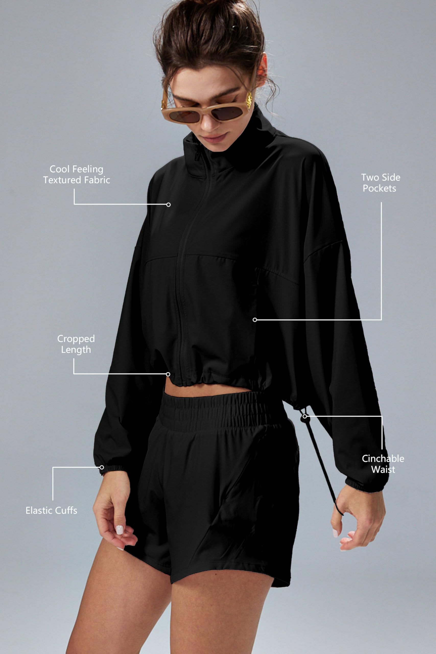 altiland Women's UPF 50+ Sun Protection Cropped Zip Up Jackets for Athletic Workout Running Cool Feeling (Black, S)