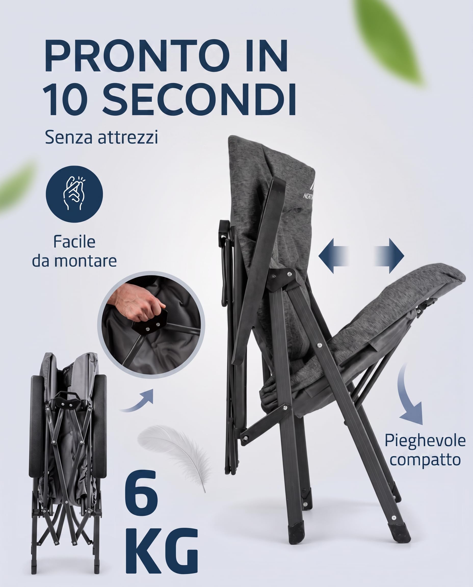 NORDMUT® Sedia da campeggio premium pieghevole con schienale alto – regolabile in 4 posizioni – Comoda sedia da giardino con portata 140 kg per campeggio e outdoor (Grigio cenere 1x)