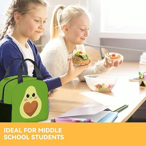 Miniatura 7 de Lonchera de aguacate para niños, lonchera aislada para niñas, bolsas de almuerzo Kawaii verdes con correa para el hombro, pequeña bolsa reutilizable