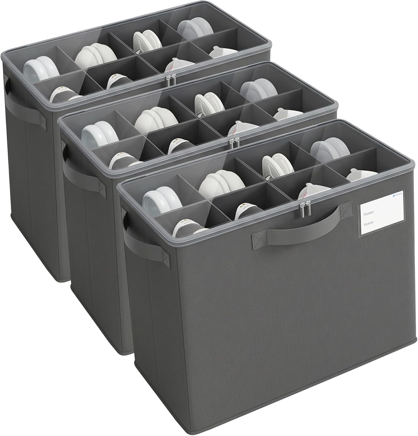 Varhomax Shoe Organizer Box for Closet, Small Fabric Shoe Storage Bin with Adjustable Dividers & Clear Cover, Saving Space Sneakers & Sandals Containers for Entryway, Cubby - Gray 3 Pack