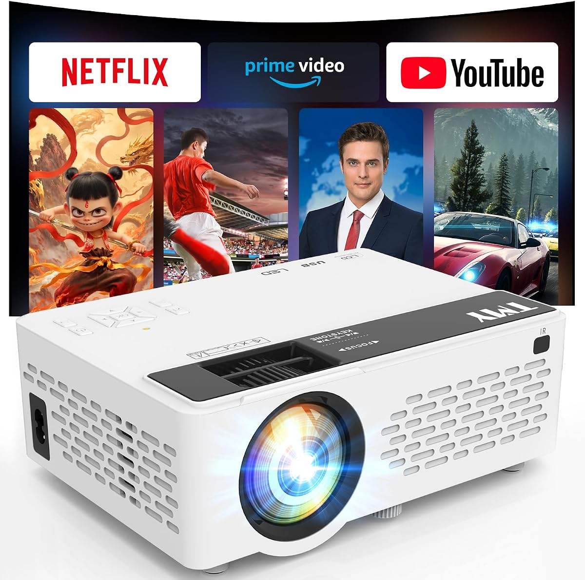 Mini proyector 1080P, aplicación Netflix integrada, Bluetooth bidireccional, WiFi6 | Cine en casa portátil, películas en interiores y exteriores, Compatible con TV Stick/Roku/Phone/PC/PS/DVD/HDMI/USB
