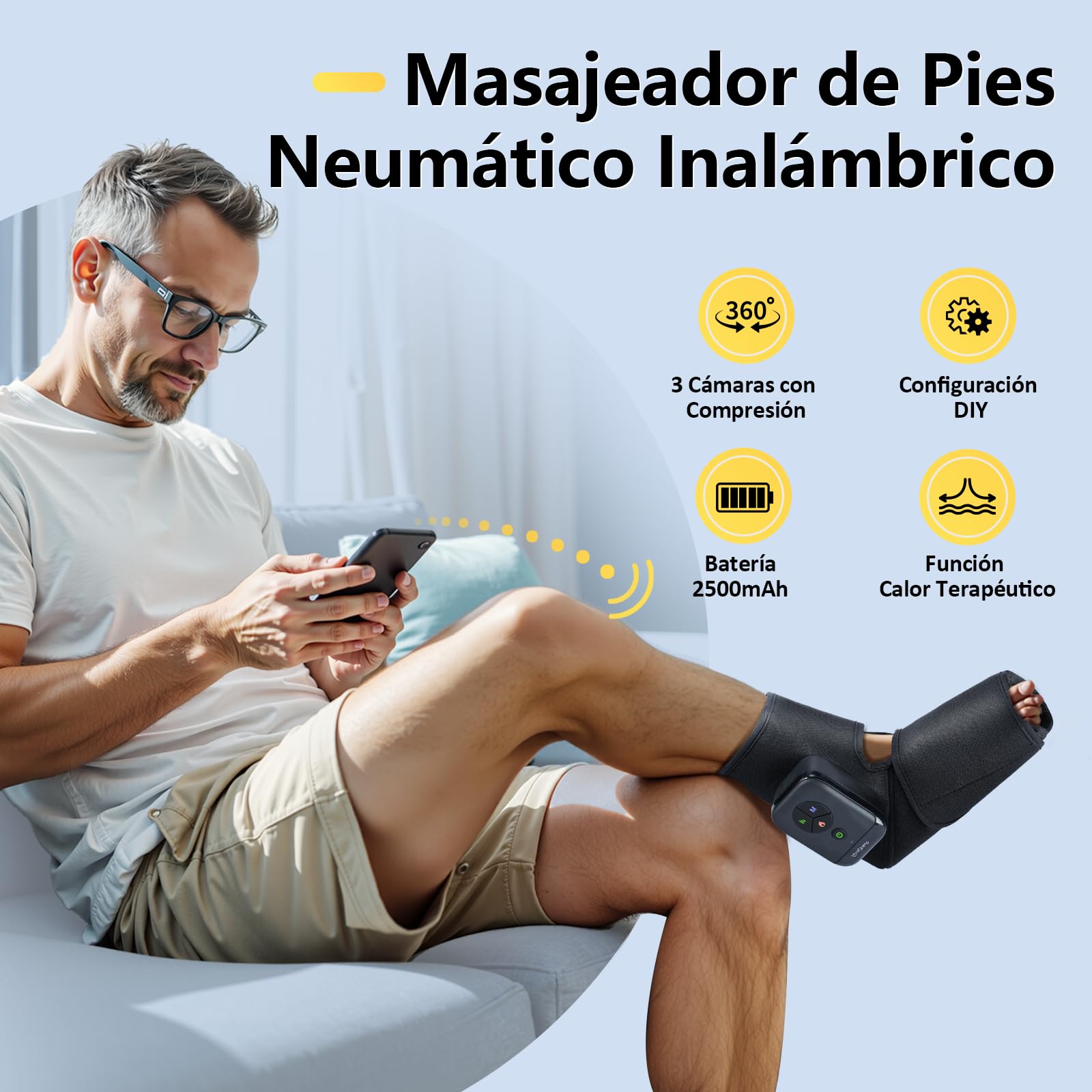 Comfytemp Masajeador de Pies Inalámbrico, Masaje de Compresión, Batería 2500mAh, Calefacción para los Pies, Masaje Personalizable para Tobillos, Talones, Plantas y Empeines, Adecuado para Papá y Mamá