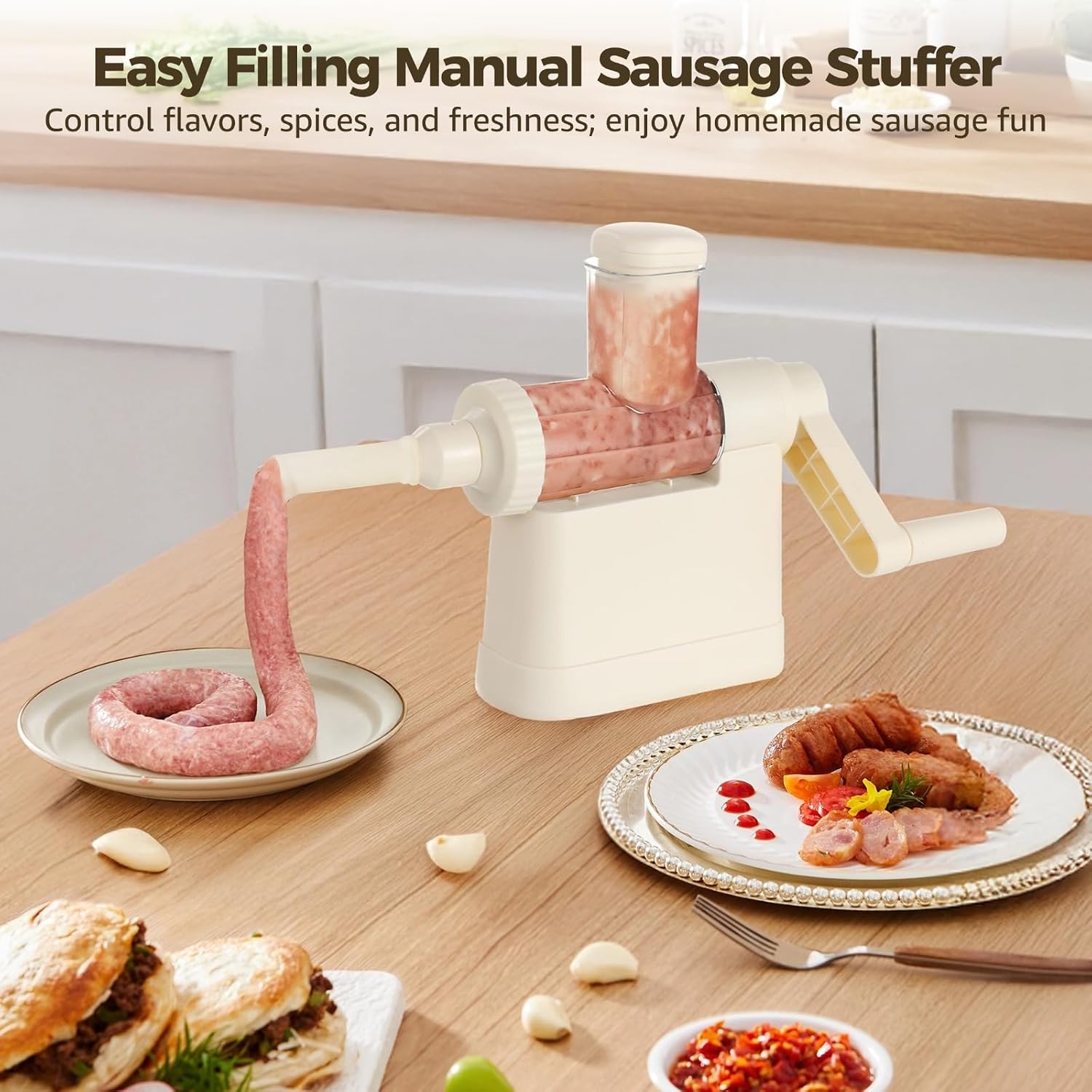 Manual Sausage Stuffer, Homemade Sausage Maker with 4 Tubes for Various Sausages, Easy Filling Machine for Meatballs, BBQ, and Kitchen Use