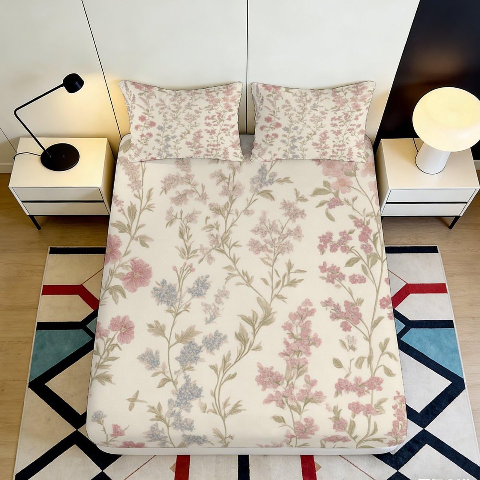 3D Printed Floral Fitted Sheet Microfiber Deep Pocket Non-Slip Bedroom Bedding Floral Mattress Fitted Cover Machine Washable 140x200x25cm
