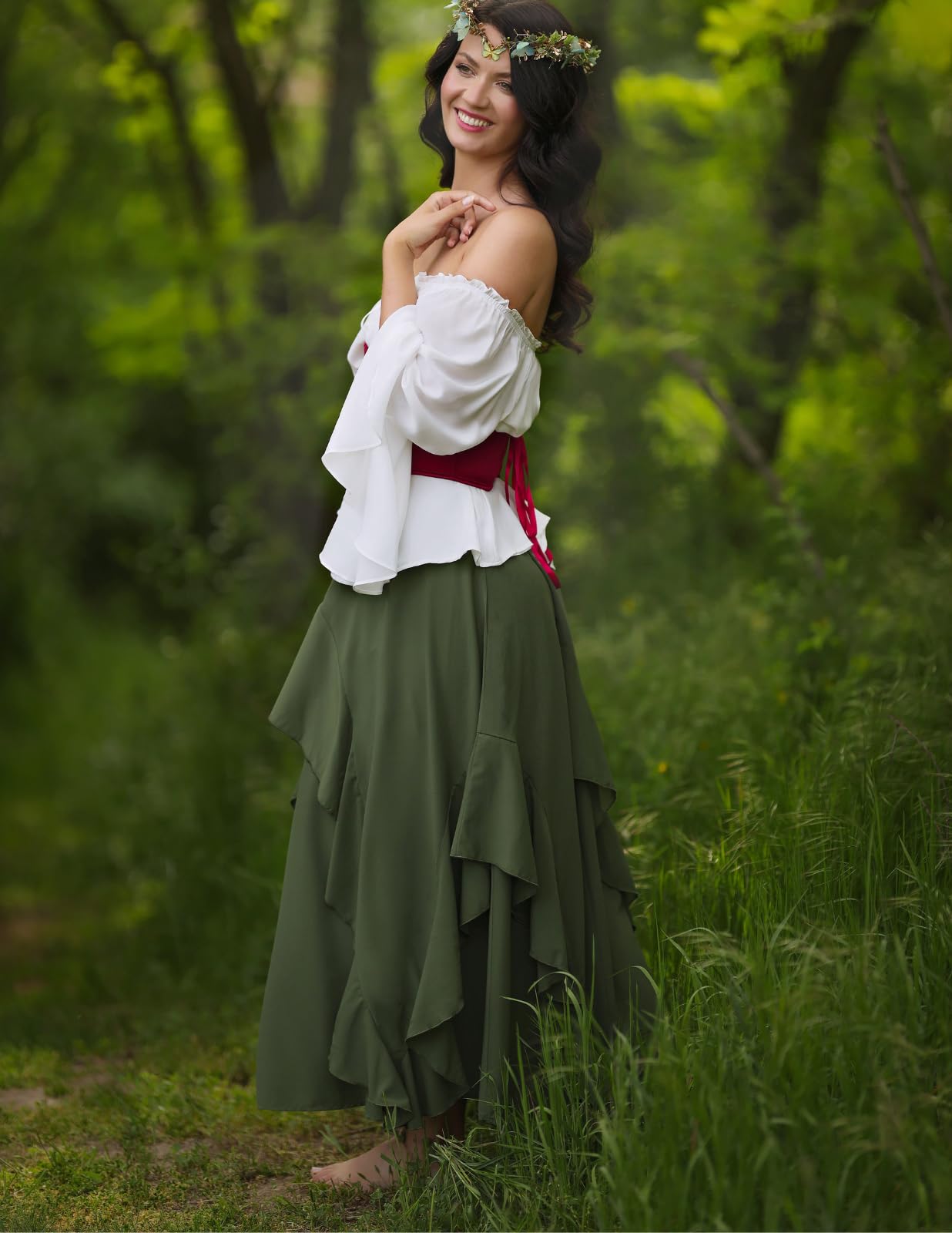 SCARLET DARKNESS Damen Mittelalter Rock Lang Elastische Taille mit Taschen Chiffon Rüschensaum Piraten Rock