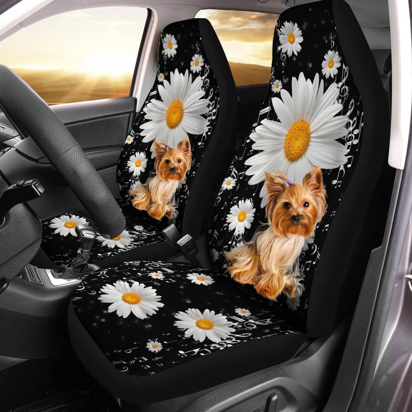 Yorkshire Terrier Dog Front Car Seat Covers, Yorkie Dog and Daisy Flower Pattern Automotive Seat Covers, Gift for Dog Lovers, Protector Auto Interior Accessories Set of 2 Vehicle Car SUV Truck