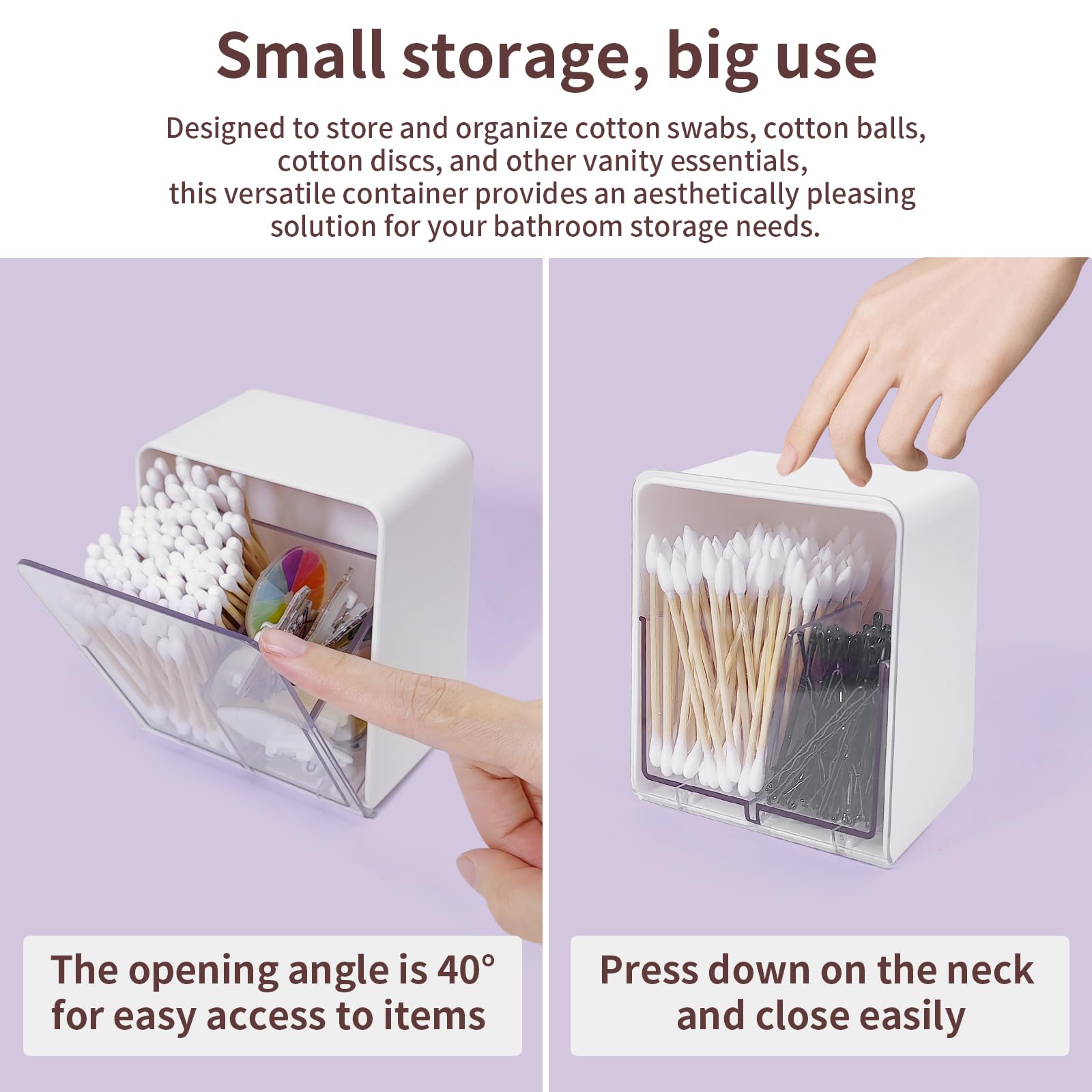 HFZRZFH Q-Tip Holder with 2 Compartments, Clear Canister, Removable Divider, for Q-Tips, Cotton Swabs, Balls, Rounds, Floss, Bathroom Countertop Organizer, White