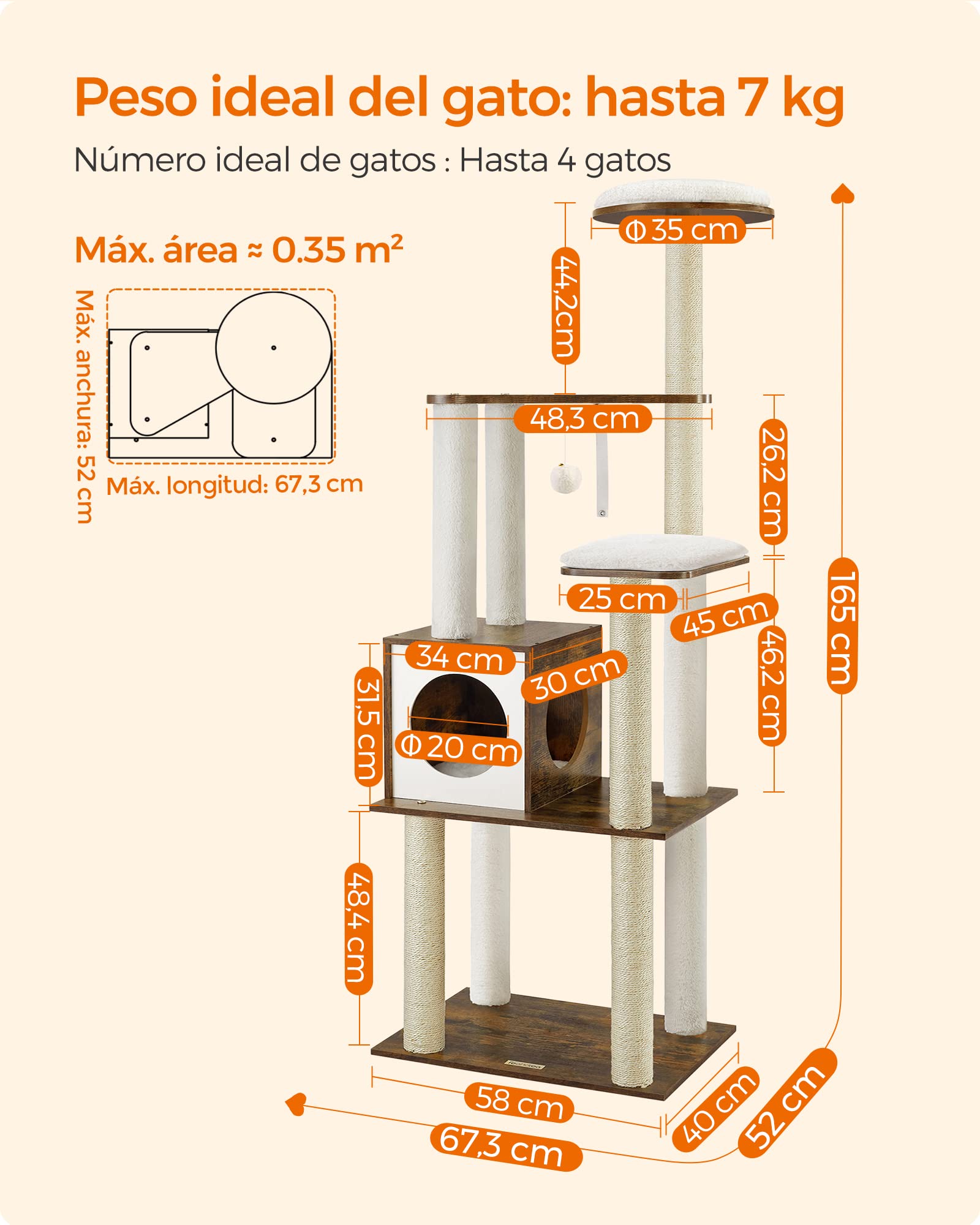 Feandrea Árbol para Gatos, Torre de Gatos 165 cm, 5 Postes para Arañar, Cojines Lavables y Desmontables, Plataforma, Cueva, Mueble de Interior, Marrón Rústico PCT166X01