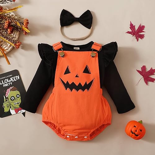 Miniatura 2 de Trajes de Halloween para niña recién nacida, sudadera de manga larga, color liso, overoles con peto, overoles de fantasma, diadema con lazo, ropa