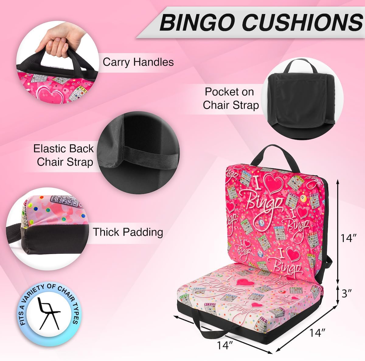 I Love Bingo Pink/Black Pattern Seat Cushion – Extra Thick 3” Cushion with Strap, Storage Pouch & Handles – Comfortable Folding Chair Cushion for Bingo Nights