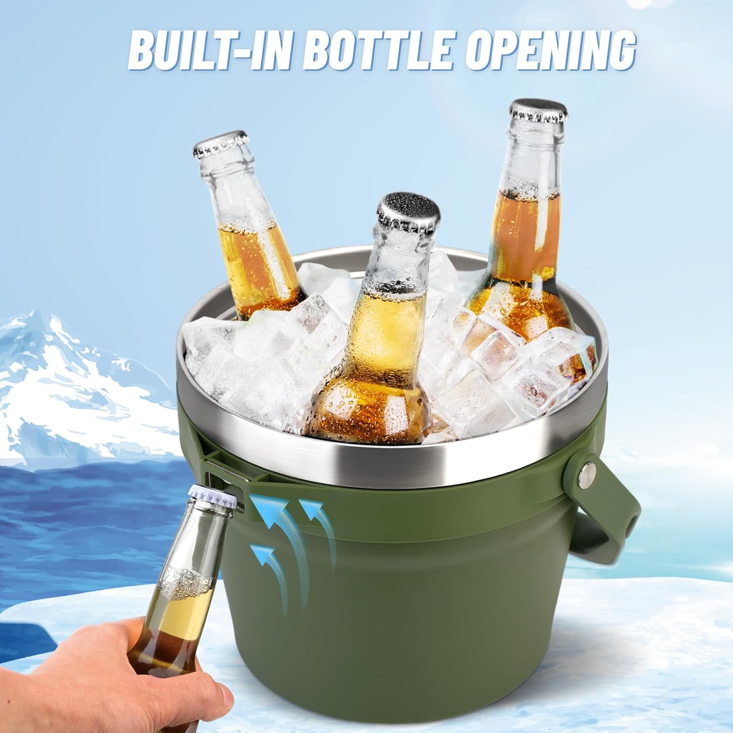 7L Beverage & Ice Bucket with Lid, Stainless Steel, Includes Scoop & Tongs, Holds 6 Beer Bottles or 3 Wine Bottles, Keeps Drinks Cold for Hours, Easy Carry Handle for Parties & Outdoor-White