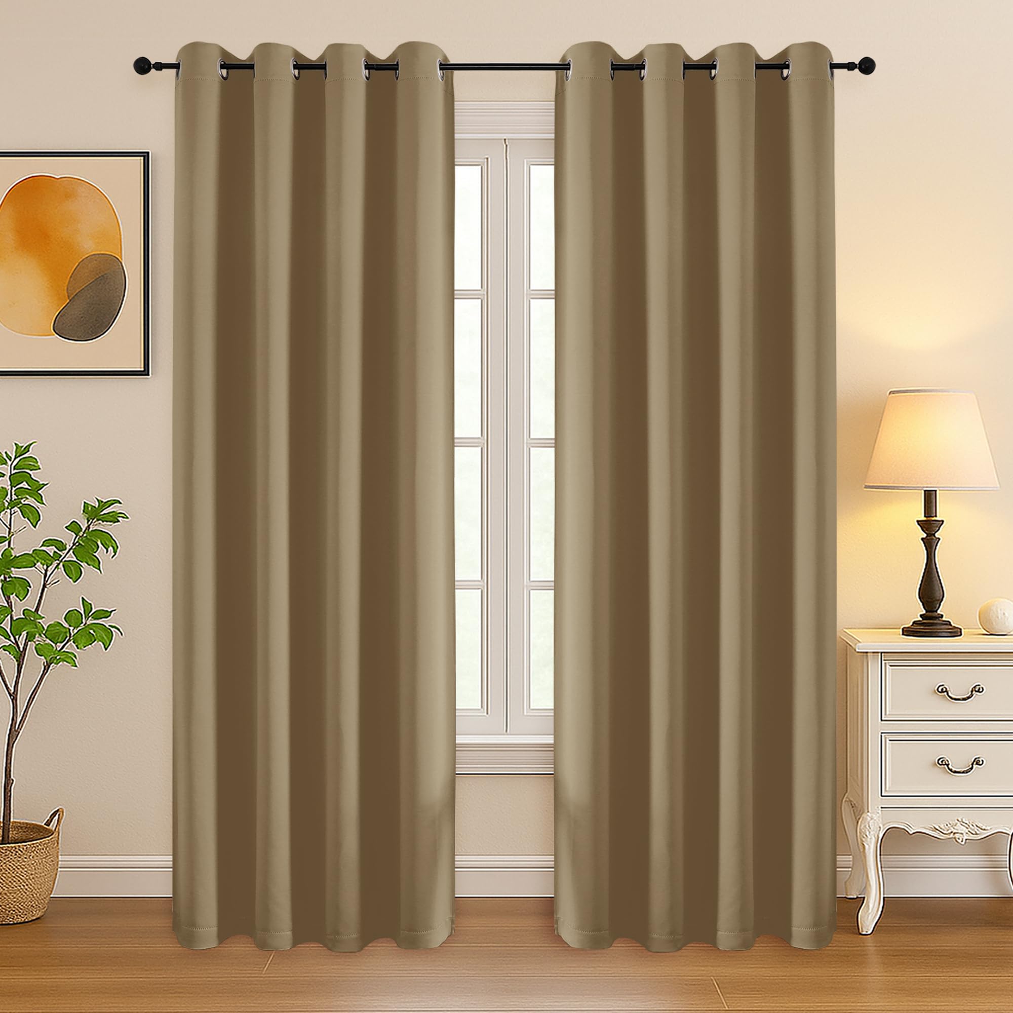 Simplebrand Taupe Curtains for Bedroom Living Room 72 Inches Long 2 Panels Set, Room Darkening Thermal Insulated Curtains &amp; Drapes, Solid Grommet Noise Reducing Window Treatment, W50 x L72 Inch