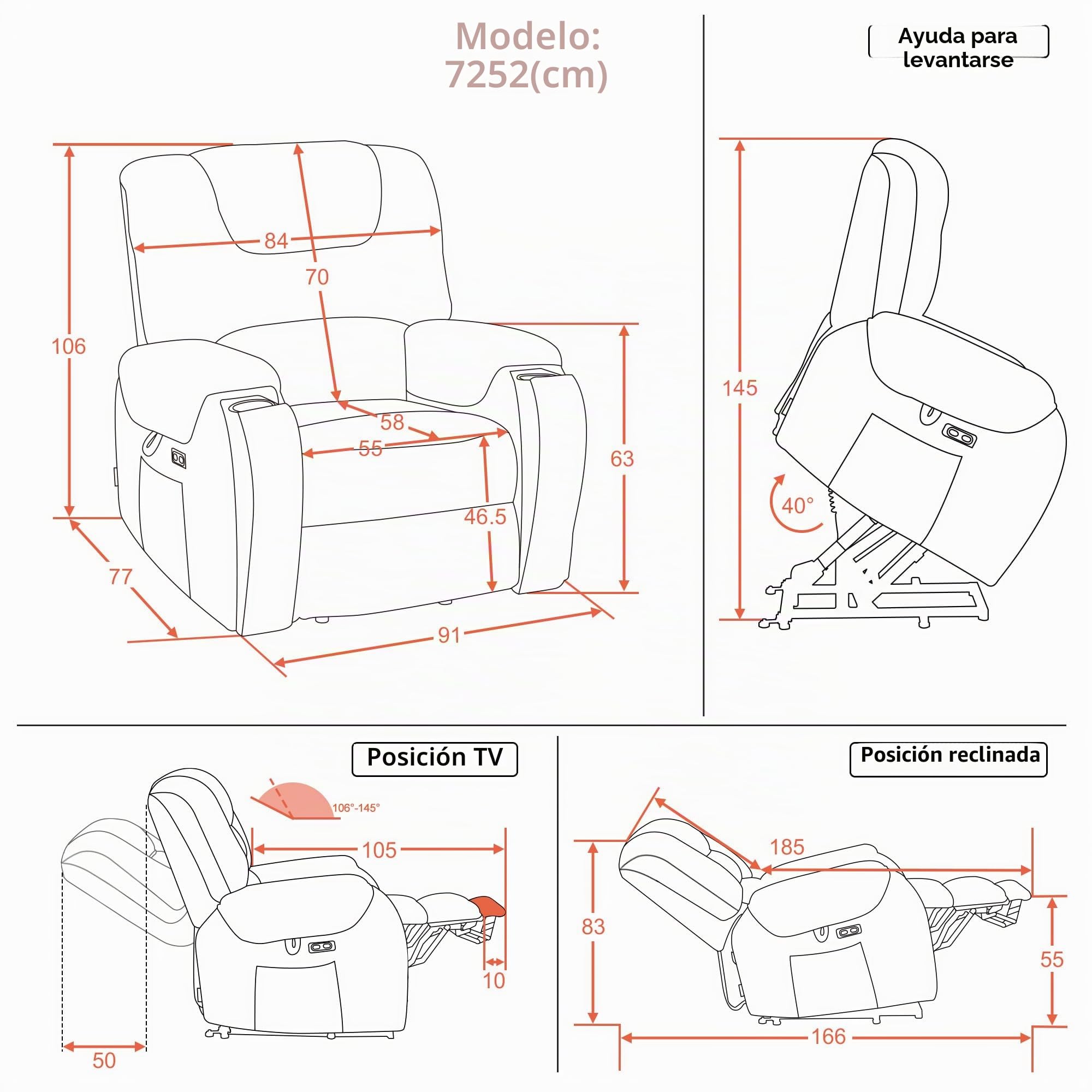 M MCombo Sillón eléctrico con Ayuda para levantarse, con Masaje y calefacción, sillón de Relax con función reclinable hasta 145° 35D, cojín de Espuma Completa, Soporte Oculto 7252 (Tela, Gris Oscuro)