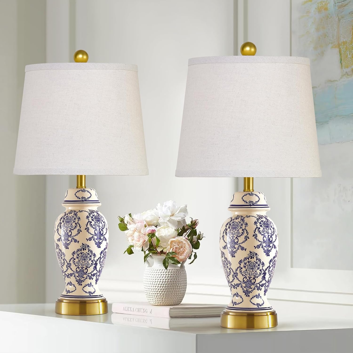 RORIANO Chinoiserie Ceramic Small Table Lamps Set of 2 for Living Room Bedroom Bedside, Traditional Beige and Blue Porcelain Classic Table Lamp for Nightstand Entryway, 2 LED Bulbs Included