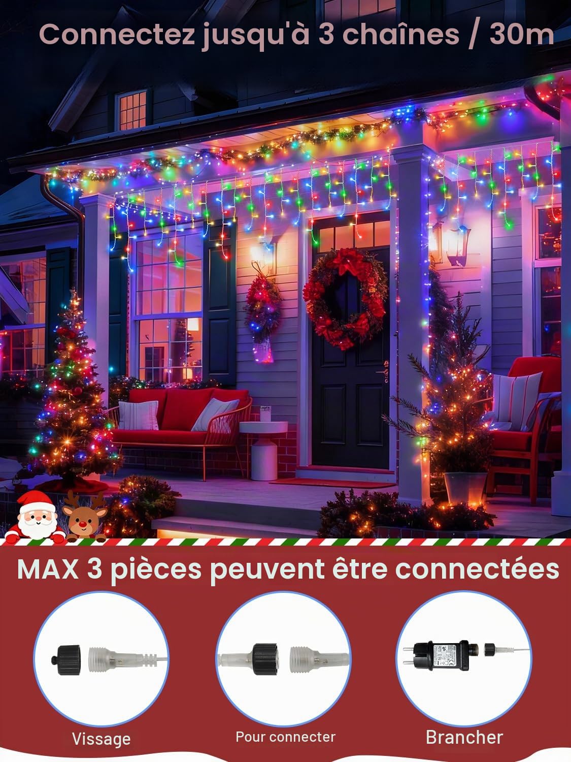 CGN Guirlande Lumineuse Extérieure Noël, Conectable 10M 400 LED Rideau Lumineux Noël Extérieur avec 8 modes et télécommande, Étanche IP65 Rideau Guirlande Lumineuse Décoration pour Fête Mariage Balcon