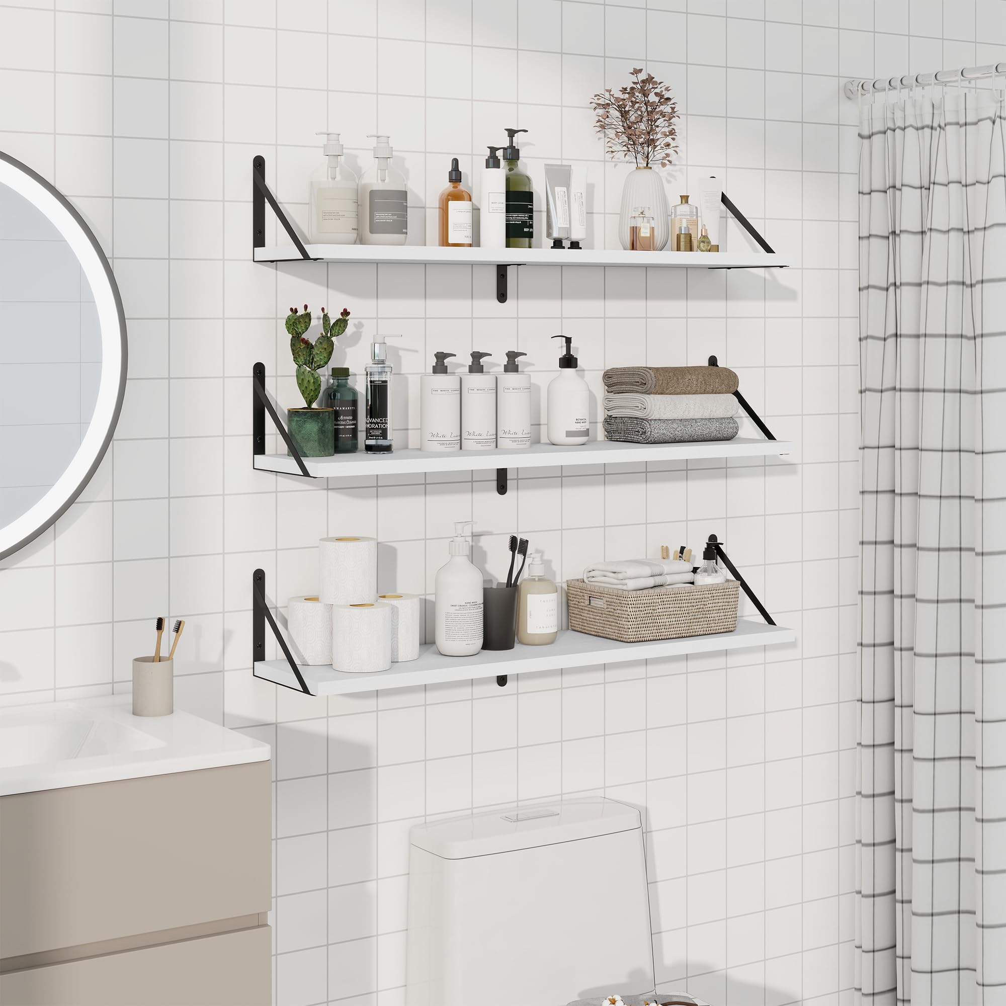 Feihorrm Juego de 3 estanterías de 90 cm para Pared, de Madera, Color Blanco, para salón, Dormitorio y Estudio