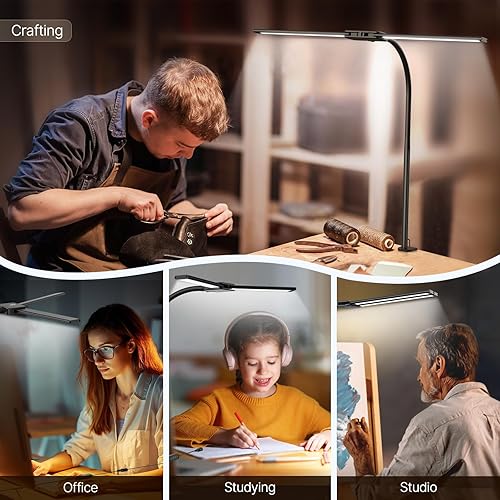 Miniatura 6 de Syrinx Lámpara de escritorio LED para oficina en casa Luz de escritorio de doble cabezal con cuello de cisne flexible, abrazadera, control por