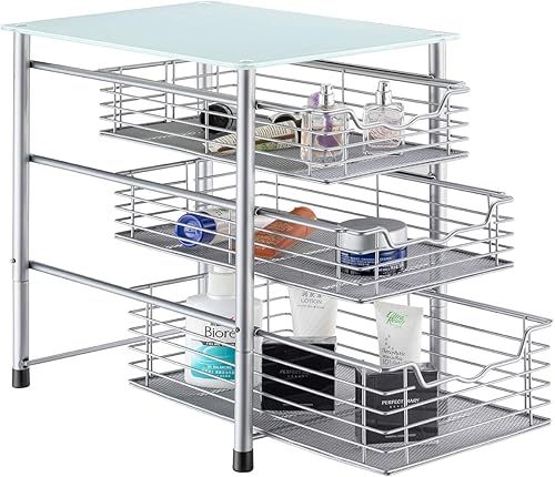 Miniatura 2 de Flagship Cajón organizador deslizante de 3 niveles con estantes de malla de vidrio templado de cristal para estante de especias, encimera, cocina,