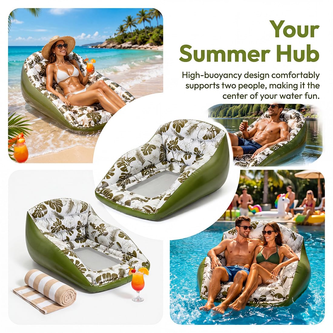 2er-Pack Aufblasbare Pool-Treiber Erwachsene, U-Form Wasser Aufblasbarer Pool-Treiber mit Getränkehalter Rückenlehne, 3-in-1 Lounge-Sessel Pool-Treiber für See Fluss Strand Sommer Pool-Party