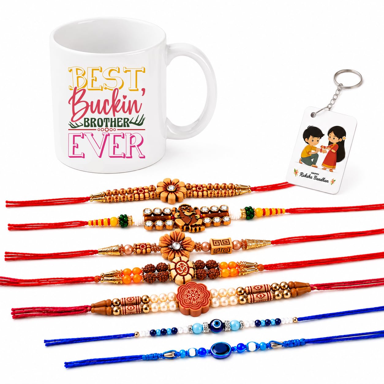 Pack of 7 Rakhi with 1 Printed Coffee Mug & 1 Key Chain for Brother | Rakhi Gift Set-14-image-24