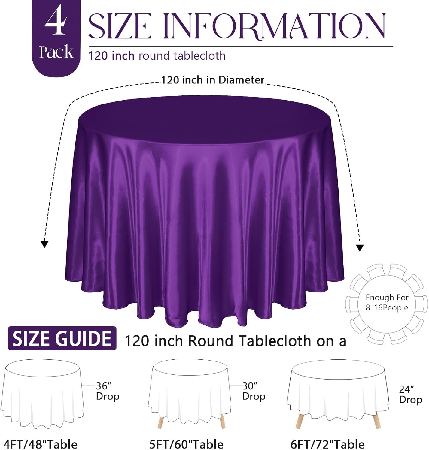 KKJIAF 4 Pack 120 Inch Round Tablecloth Satin Purple Round Table Cover, Silky Satin Dining Table Cloth for Wedding, Party, Banquet, Restaurant, Formal Events