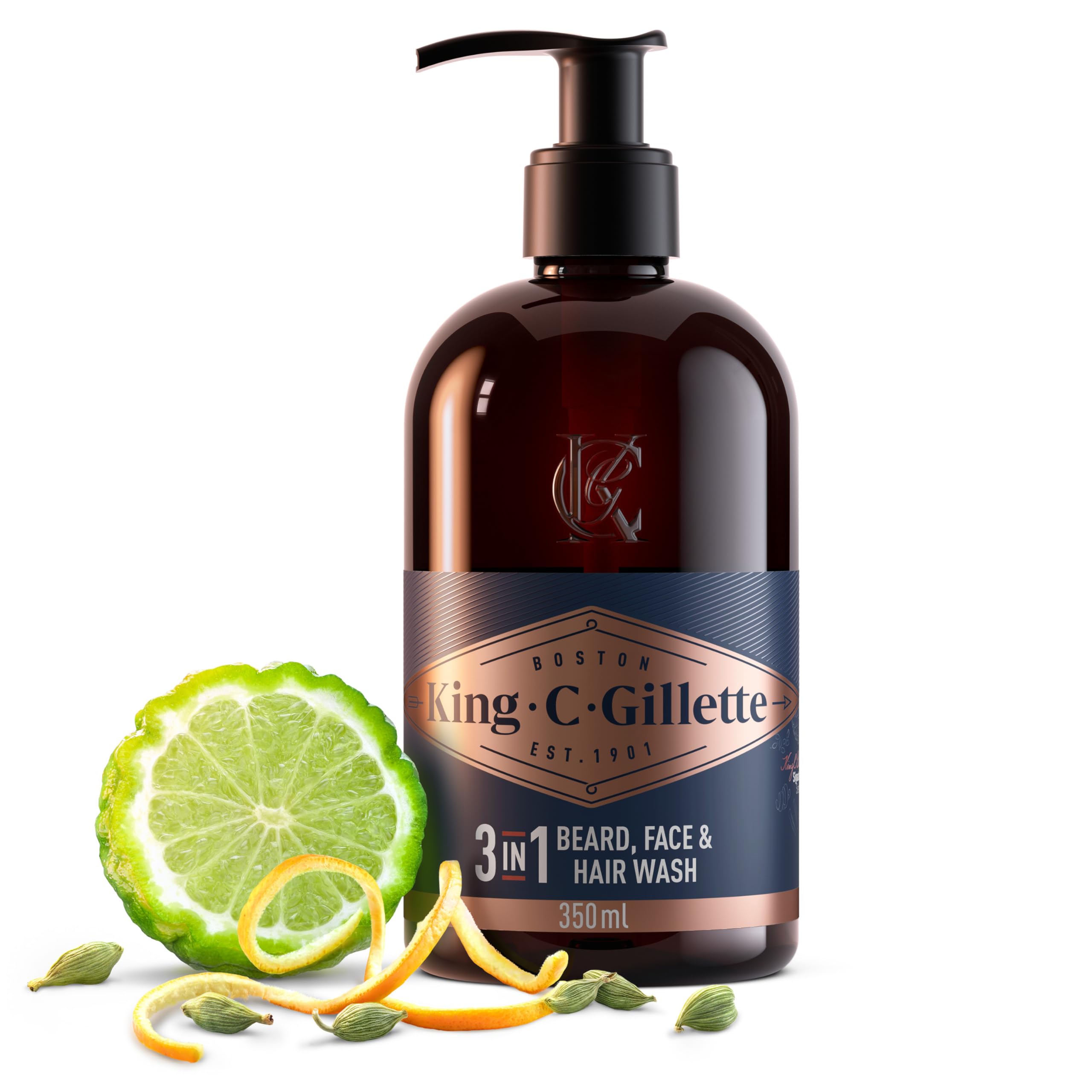 King C. Gillette 3-in-1 Bart, Gesichts und Haarwaschgel für Männer, Tägliche Reinigung und Frische, mit Charakteristischem King C. Gillette Duft, 350 ml