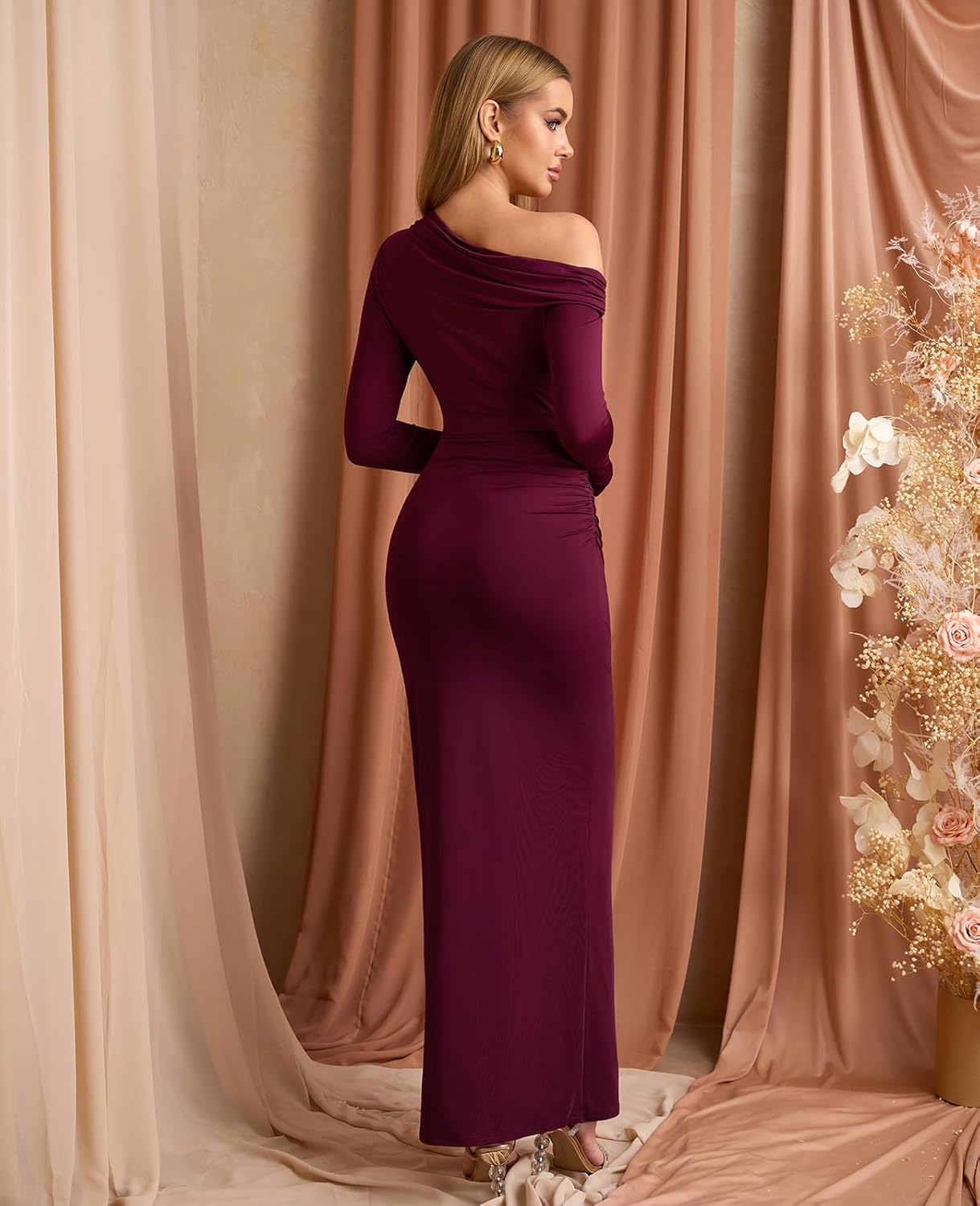 XinFSh Women's Long Sleeve Bodycon Maxi Dress One Shoulder Ruched Fall Formal Wedding Guest Cocktail Dress 2025 - Image 5