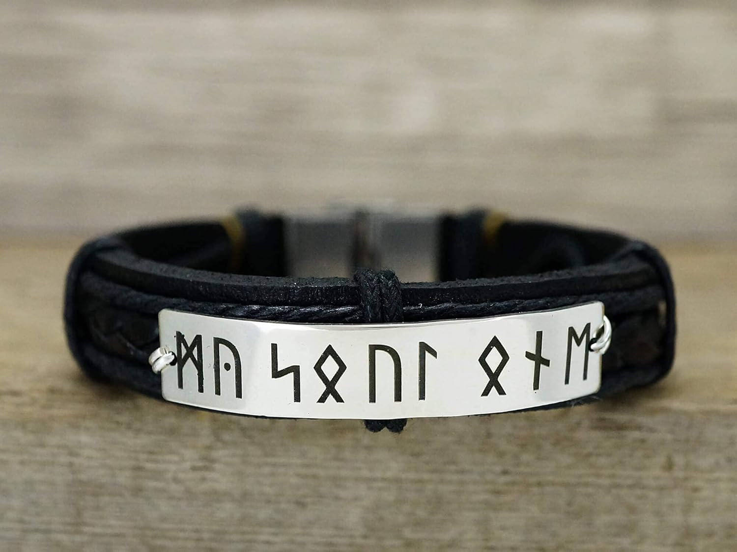 Personalized Rune Bracelet Men, Viking King, Custom Silver Black Leather Cuff, Stainless Steel, Gift for Him