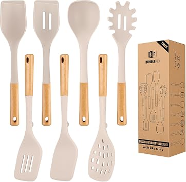 Silicone Kitchen Utensil Set for Non Stick Cookware, 7 Pcs Heat Resistant Cooking Utensils with Wooden Handle, BPA Free Kitchen Tools with Spatulas, Spoons, Skimmer and Pasta Fork Khaki