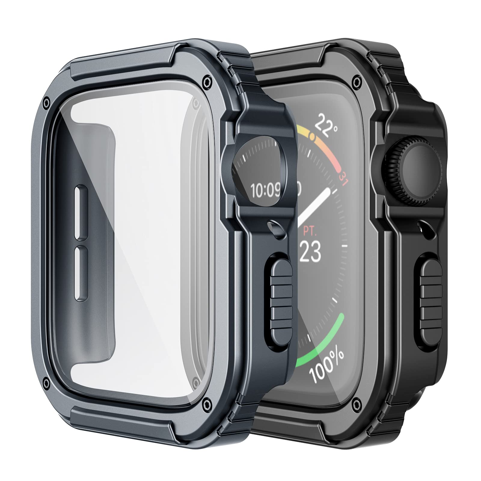 Adepoy 2 Pack Rugged Case Compatible for Apple Watch 44mm Series SE/6/5/4 with Tempered Glass Screen Protector, Military All Around Hard TPU Protective Cover Case Shockproof Bumper for iWatch Men 44mm