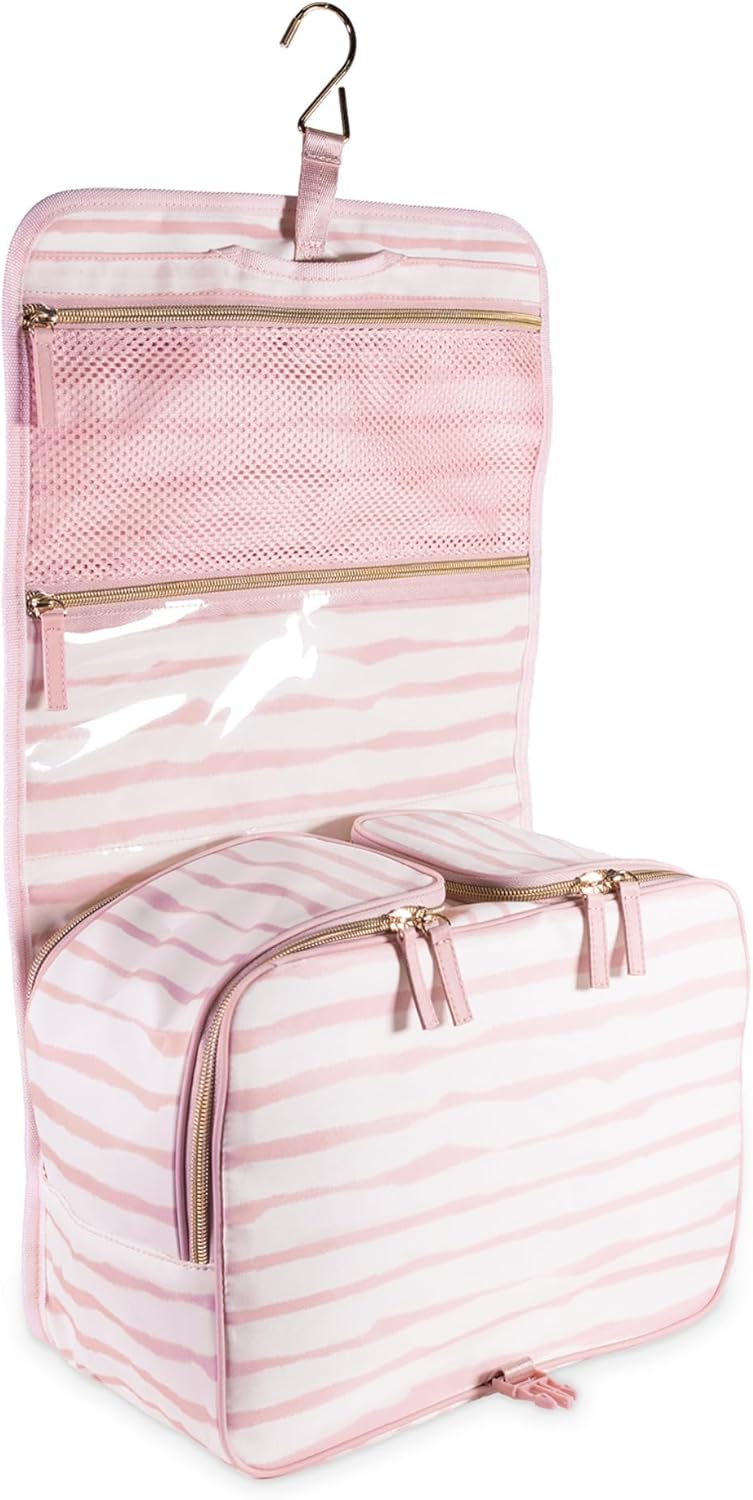 kate spade new york Hanging Toiletry Bag, 8.5" x 12.75" x 6" Travel Organizer with Gold Hook, 2 Large Bottle Compartments, Mesh & Clear Pockets, Nylon & Mesh (Goddess Stripe) - Image 4