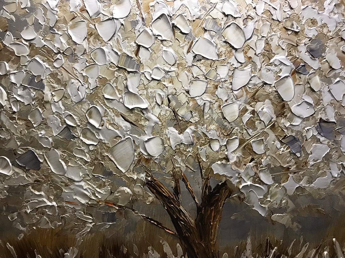 Boiee Art,24x48Inch Textured Hand Painted Canvas Paintings Silver Leaf Abstract Tree 3D Oil Paintings Landscape Artwork Modern Home Decor Wall Art Wood Inside Framed Hanging Wall Décor