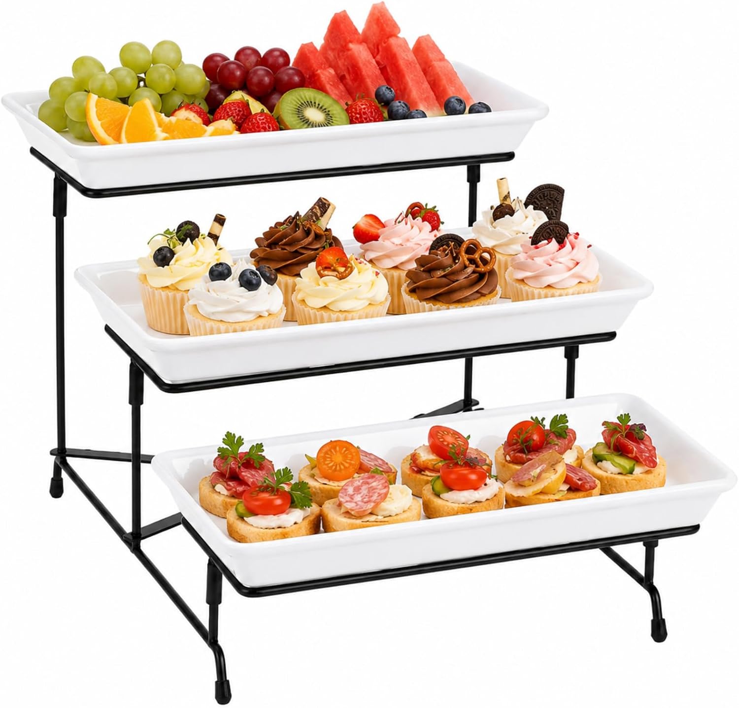 3 Tier Serving Tray, Tiered Tray Stand with 5.7 in Trays and Metal Rack, White Dessert Stand for Food Fruit Appetizers, 13.2 x 11.4 x 8.7 in Display for Party Family Gathering