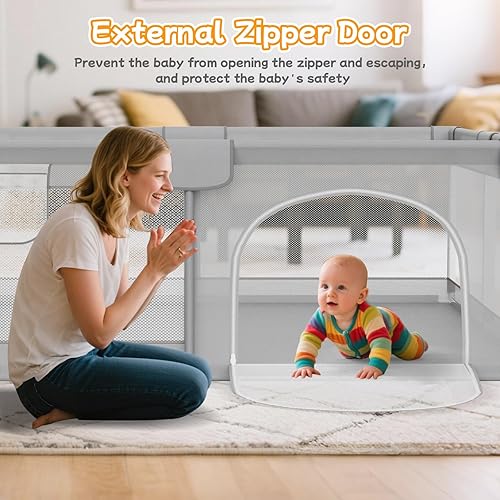 Miniatura 3 de Corralito para bebés de 74 x 50 pulgadas, corralito grande para bebés y niños pequeños con 2 asas, zona de juegos para bebés, centro de seguridad