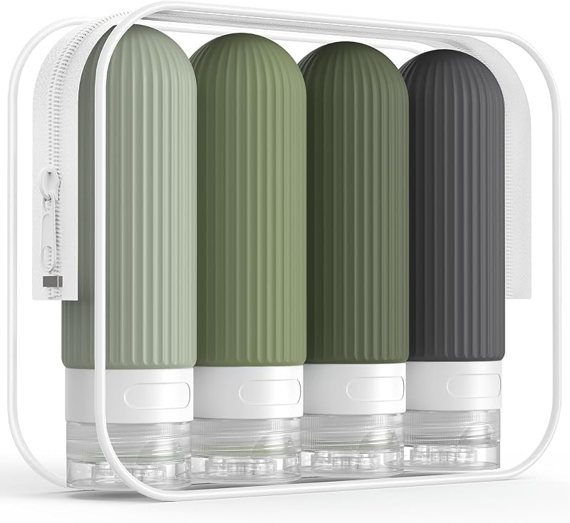 Frascos de silicone para viagem ME.FAN, 90 mL, Desert Sage, pacote com 4 e bolsa para produtos de higiene