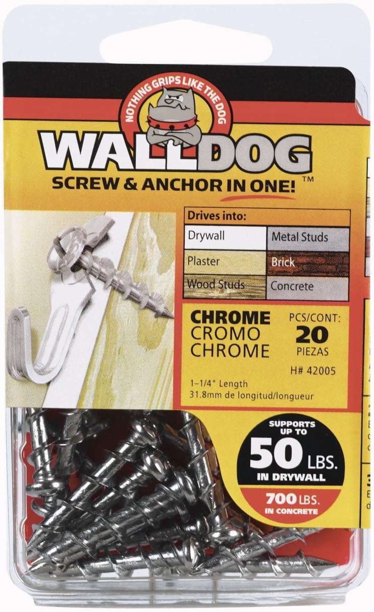 Amazon 10 Pack Wall Dogs & Screws, Chrome, Phillips Head, 1.25In