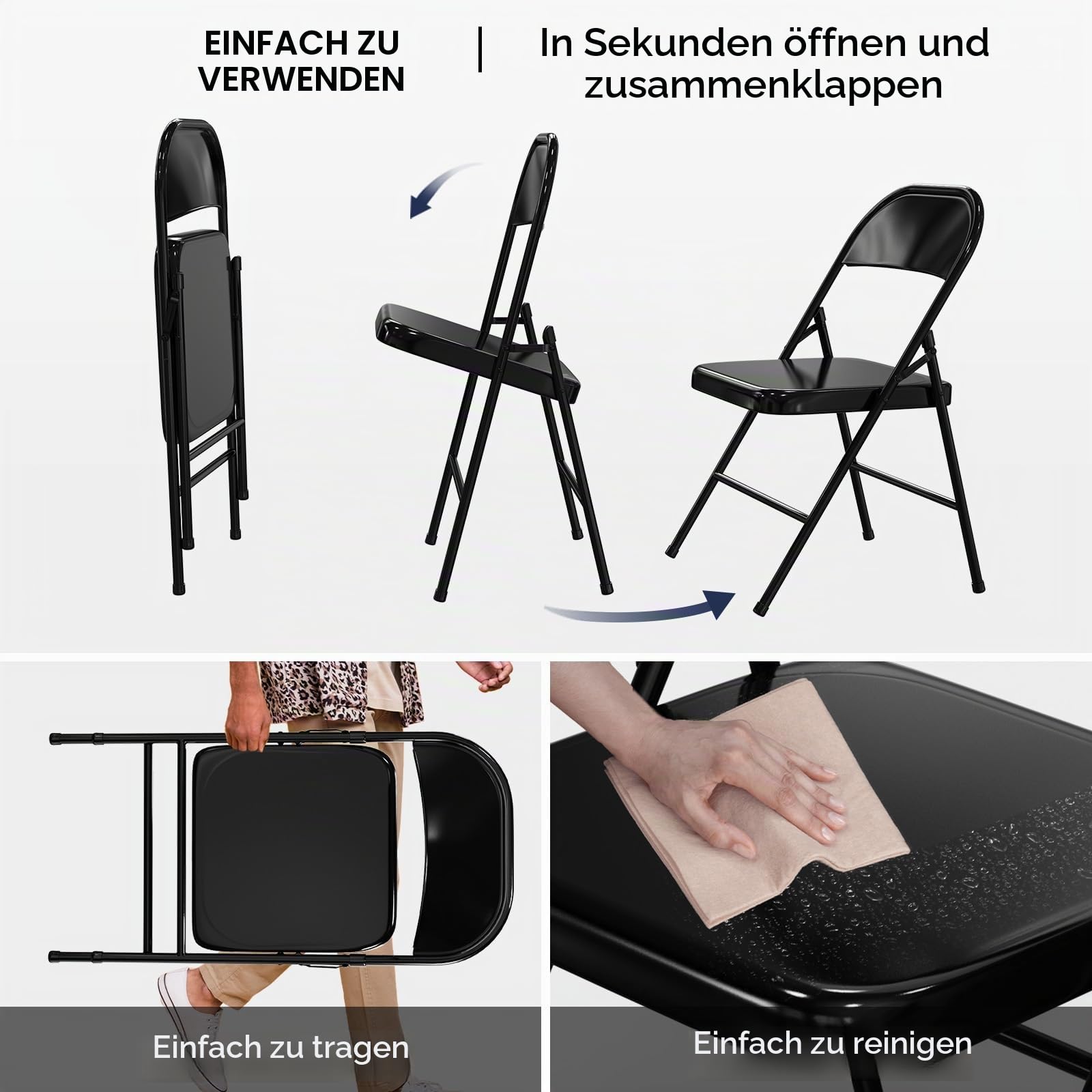 Bonnlo Klappstühle 4er Set, Gartenstühle Wetterbeständig aus Eisen, Platzsparend Stapelbar, bis 158 kg, Klappstuhl Metall für Balkon, Büro, Veranstaltungen & Party, Schwarz