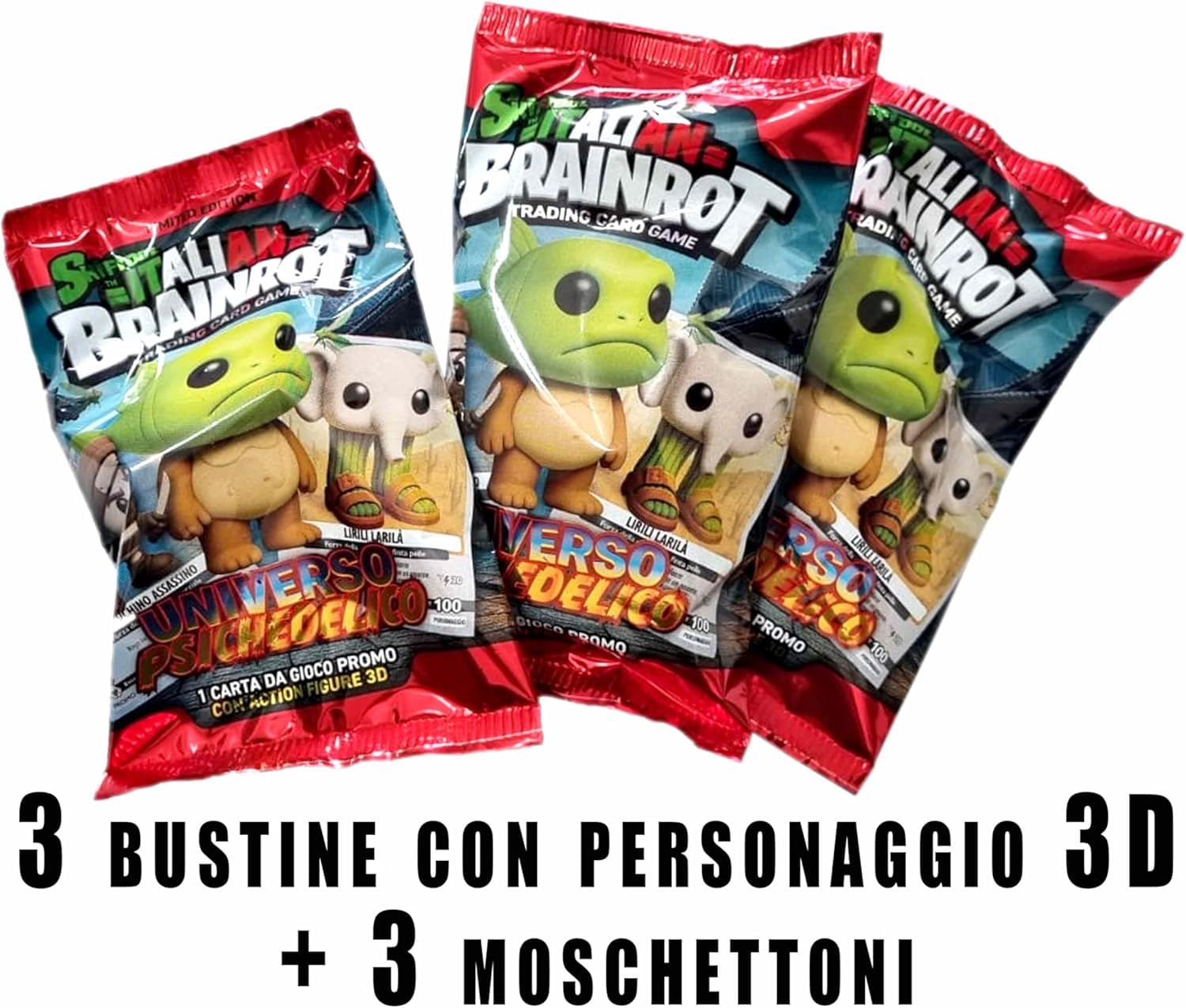 Skifidol Lot de 3 sachets de cartes holographiques+ personnages 3D à collectionner | Série Italian Brainrot Univers Psychédélique | 3 sachets aléatoires | personnages aléatoires
