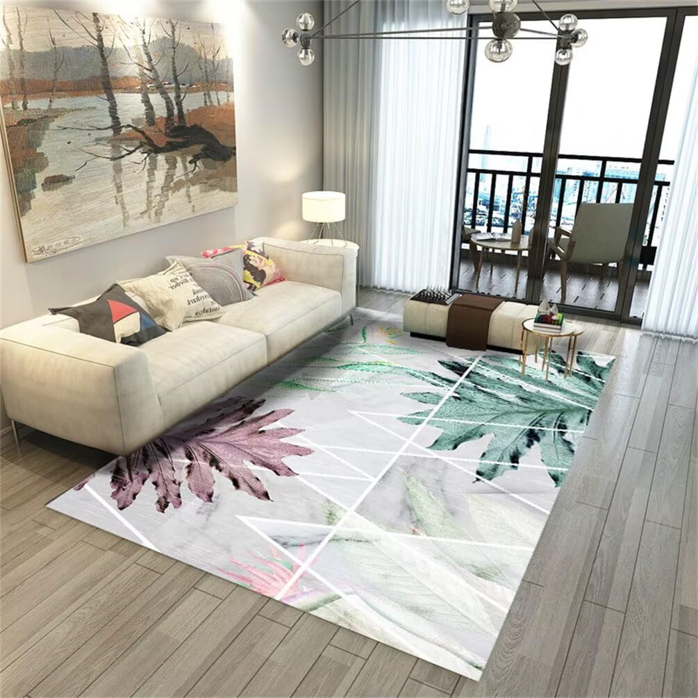 Tapis de salon pas cher 200x300 antidérapant gris avec motif plantes vertes