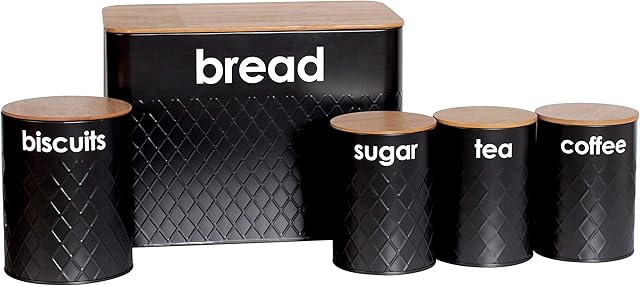 5pc-Kitchen Set Bread Bin,Tea,Coffee,Sugar,Tins and Biscuit Barrel Sealed Containers by ® Crystals (Black)