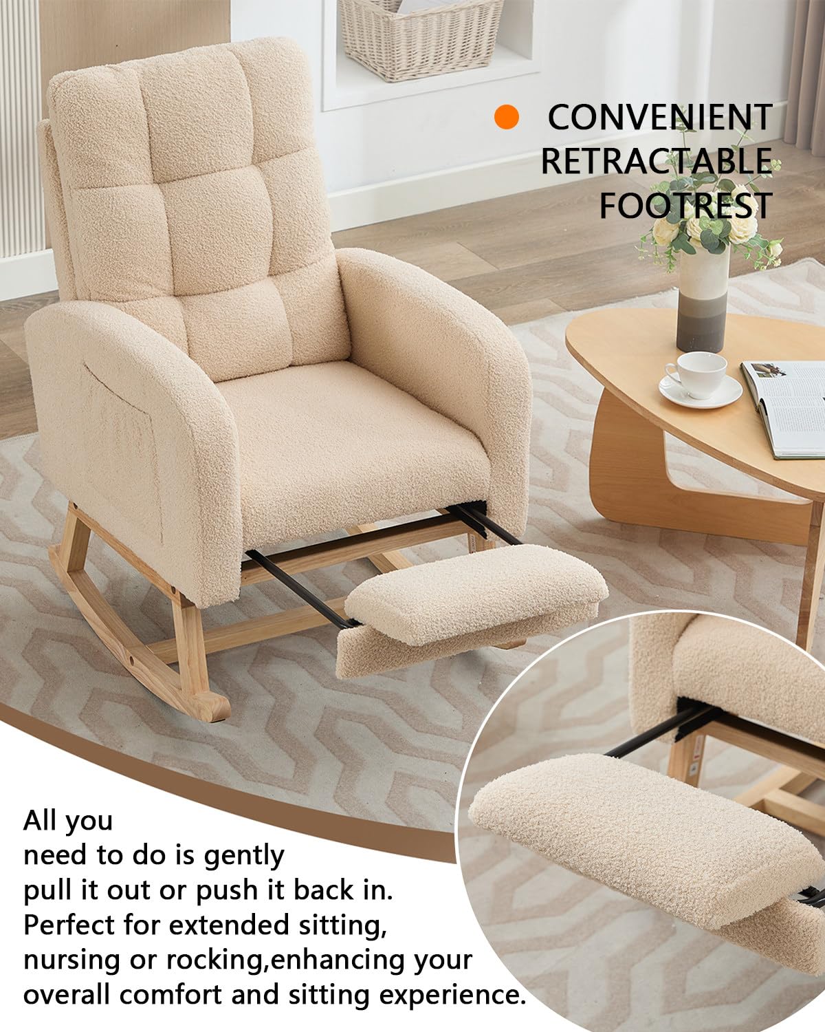 Billg Mecedora Lactancia con Reposabrazos y Bolsillos Laterales, Sillon Lactancia con Reposapiés, Poltrona Sala Muebles de Salon Dormitorio, Carga 100 kg